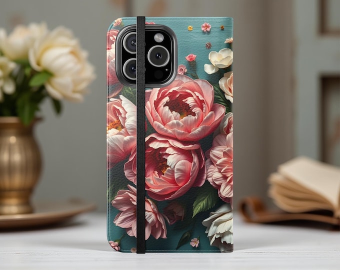 Vintage Botanical Peony Floral Phone Wallet Case | Card Slots, Stand