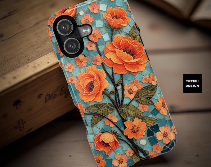 Floral Mosaic MagSafe Tough Phone Case: Turquoise Orange Boho Art