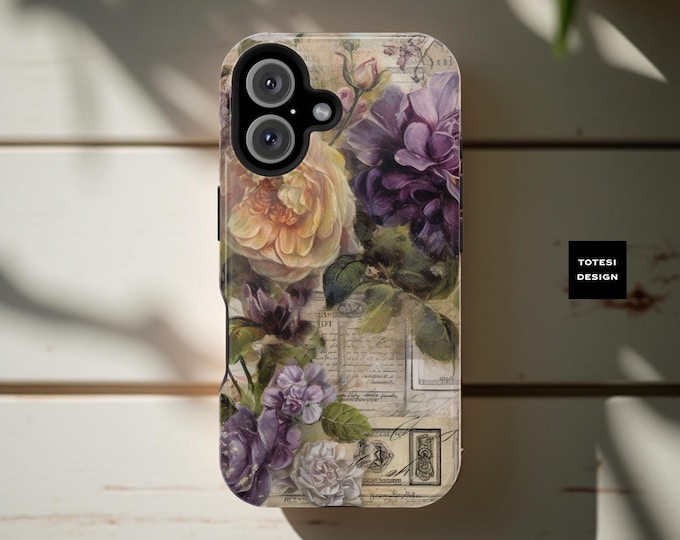 MagSafe iPhone Case, French Vintage Floral Design, Tough Sturdy Cover, preppy boho, Pro Max Plus, MagSafe, iPhone 13 14 15 16, Magnetic