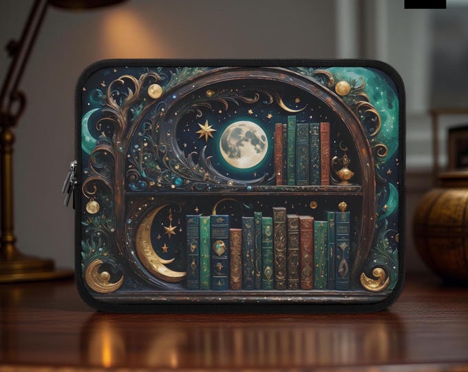 Fantasy Celestial Bookshelf Laptop Sleeve, Padded Mac iPad Kindle Cover, Magical Gift for Her, Daughter, Niece, Protective Tech Case,