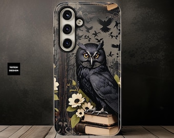 Books Goth Owl dark academia iPhone Samsung Galaxy phone cases S24 S23 S22  16 15 14 13 12 11  | glossy matte | book owl lover gift