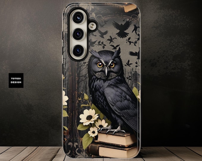 Books Goth Owl dark academia iPhone Samsung Galaxy phone cases S24 S23 S22  16 15 14 13 12 11  | glossy matte | book owl lover gift