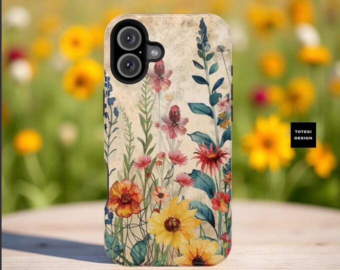 Watercolor wildflower art Magsafe iPhone case Botanical Boho Aesthetic iPhone Tough Case, Dual Layer Magnetic, Protective, 16 15 14 13