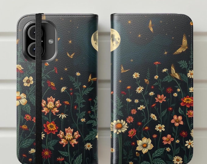 Flip Cases, Celestial Night Garden aesthetic Floral Books Phone Case Cover Wallet iPhone - Built in Stand, Cardholder, Protective,