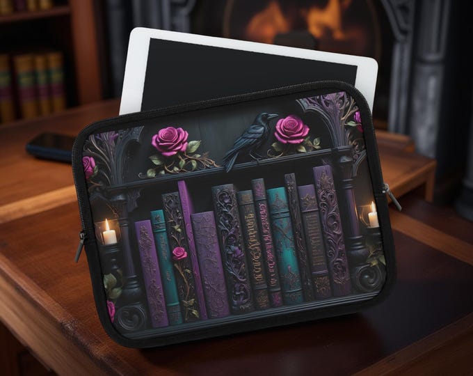 Gothic Raven Laptop Sleeve Case for Book Lovers, Student Reader iPad MacBook Kindle Cover