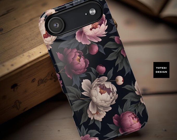 Dark floral cell phone magnetic case Peony Flowers iPhone Case - dual layer tough case Bold Purple Dark Floral 15 14 13 Pro Max Plus Mini