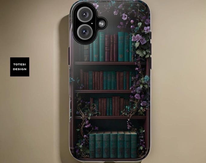 Dark Academia Vintage Bookcase Book Worm Floral Bookshelf iPhone tough dual layer phone case 16 15 14 13 12 11 Pro Max Plus  Matte Glossy