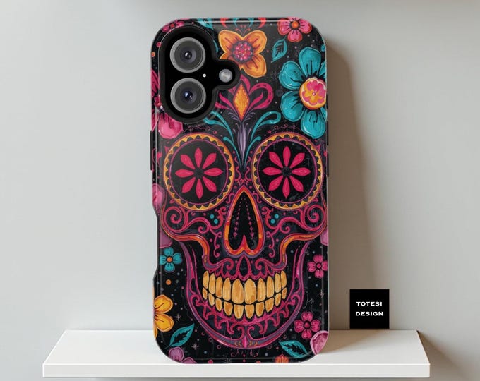 Tough Phone Case, Colorful Floral Goth Skulls iPhone 16 15 14 13 Pro Max Plus, Gift for Birthday, Matte Glossy, Magnetic Tough Cases