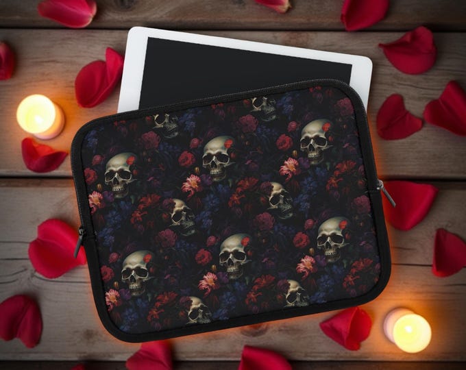 Floral Gothic Skulls Roses Laptop Sleeve Case for Students, MacBook Cover, iPad Kindle Holder, Unique Art Gothic Sleeve, birthday daughter