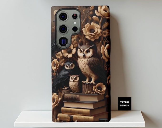 Books Goth Wise Owls dark academia iPhone Samsung Galaxy phone cases S25 S24 S23 S22| iPhone 16 - 11, Google Pixel, book owl lover gift