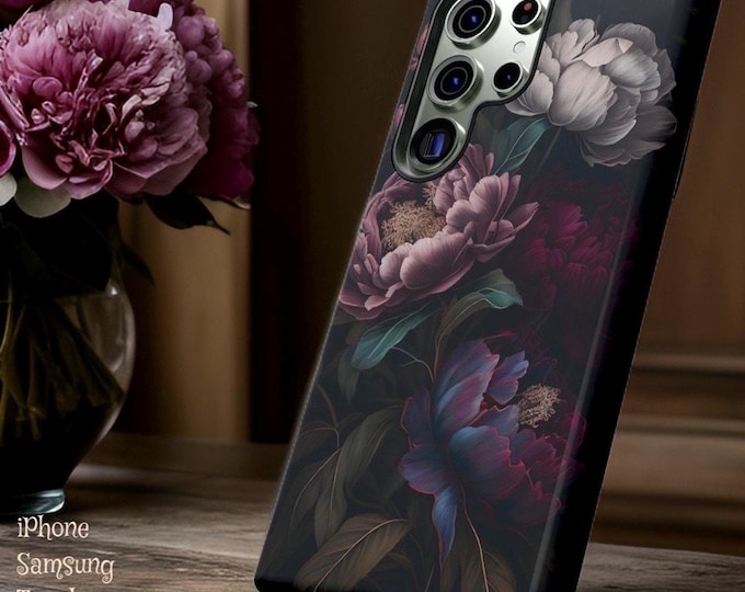 Gothic Floral Tough Case, Romantic Victorian Peony, iPhone Samsung Galaxy S25 S24 S23 S22 Ultra, Ornamental Black, Dark Moody | Alternative: