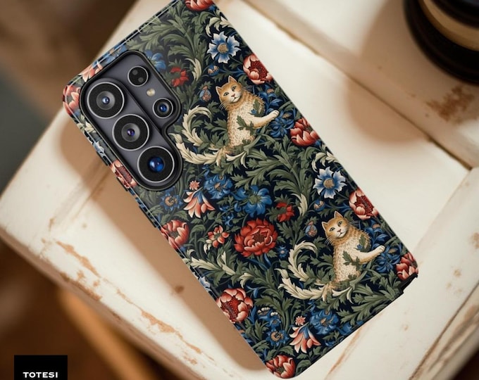 Art Nouveau Floral Cat Tough Phone Case iPhone 17 16  & Samsung S26U S25Plus