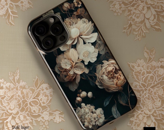 Dark Creamy Floral Art aesthetic iPhone magnetic case - 13 14 15 16 Pro Max Plus Mini | Vintage Cute whimsical boho