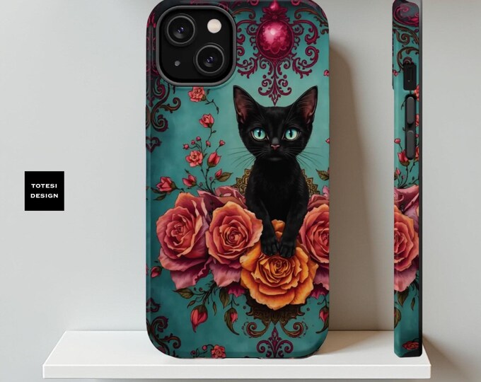 Bohemian whimsy black cat Phone Cases, Cute Vintage turquoise Floral Roses Celestial iPhone Cover, cat lady gifts