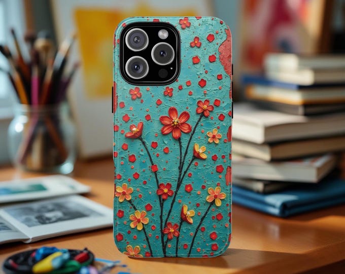 Phone Case, Turquoise Floral Boho Chic Art Abstract Design, Samsung Galaxy S25 S24 S23 iPhone 16 15 14 13, Tough Case Cover, Protective