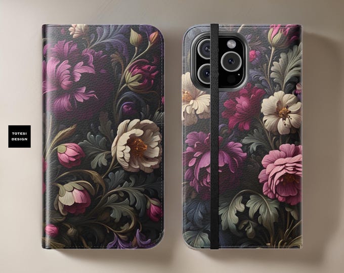 Folio Wallet Phone Case, Dark Moody Floral Art, Stand & Cardholder, iPhone 16 15 14 13 12 Pro Max Plus, Faux Leather, Flip Cover, Unique