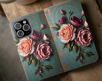 Vintage Floral Flip Phone Wallet Case: Faux Leather Elegant Cell Case