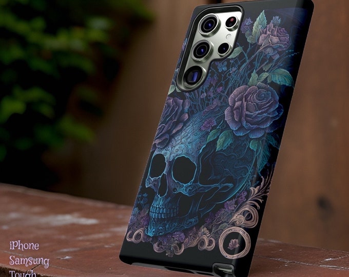 Gothic Skull Roses, iPhone or Samsung Galaxy custom phone cases S21, S22, S23 Ultra Plus| 15 14 13 12 11 Plus Pro Max Mini | Glossy  Matte