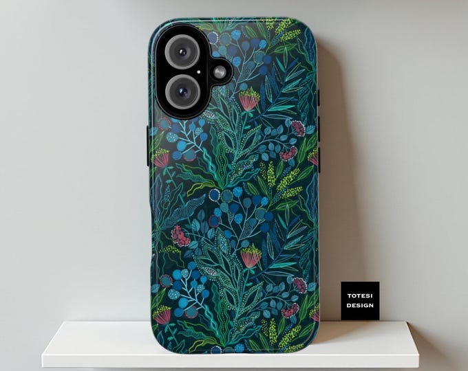 Samsung Galaxy S25 S24 S23 S22 Plus Ultra Tough Dual Layer cases -  Dark blue botanical, leaves floral | iPhone Covers| Glossy or Matte