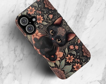 Bohemian Floral  Kitty MagSafe iPhone Tough Cases, Whimsy Black Gothic Cat Unique Art, Dual Layer, Cat Lovers Gift, 16 15 14 13