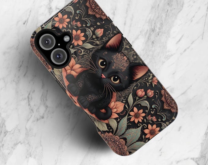 Bohemian Floral  Kitty MagSafe iPhone Tough Cases, Whimsy Black Gothic Cat Unique Art, Dual Layer, Cat Lovers Gift, 16 15 14 13