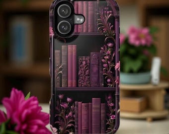 Dark Academia Bookshelf iPhone Case: Pink Floral MagSafe Tough Case