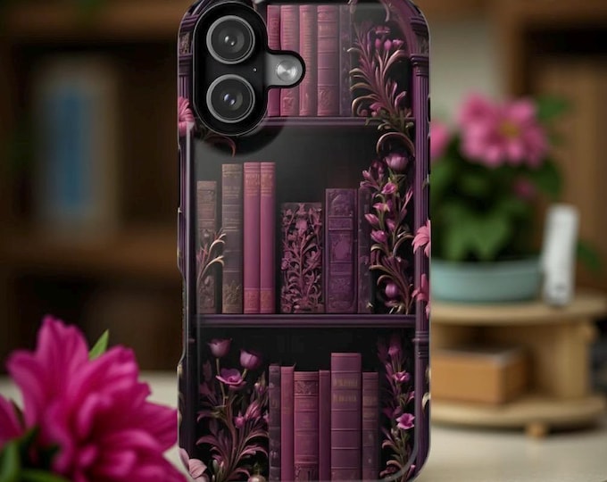 Dark Academia Bookshelf iPhone Case: Pink Floral MagSafe Tough Case