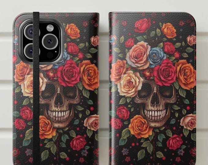 Gothic Phone Case, Flip Cases, iPhone Samsung Models, Dark Academia Gift, Skulls Roses Stand, Room for Cards, Goth Lovers Accessories, Dark