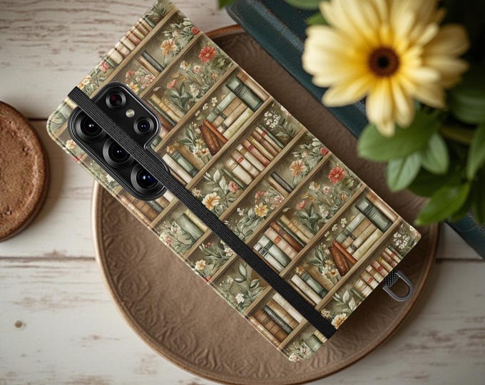 Floral Bookish Wallet Folio Flip Cases - Bookworm Phone Case Cardholder, Book Lover Gift, Literary Accessories, iPhone Samsung Phone Cover