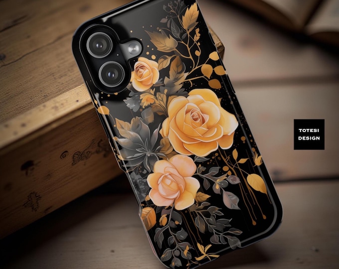 Black Floral Roses iPhone 16 17 Case: MagSafe Compatible Tough Phone Cover
