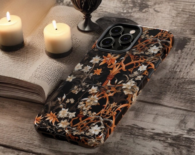 Halloween iPhone Tough case 15 14 13 12 11 Pro  Max Plus Case | elegant Gothic floral, Dark Academia, Orange Black |Glossy or Matte