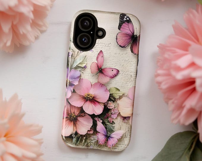 Cell phone case, Pink flower pastel butterfly, Coquette pastel vintage style, Samsung iPhone Tough Sturdy, Cute Shabby Chic, Glossy Matte