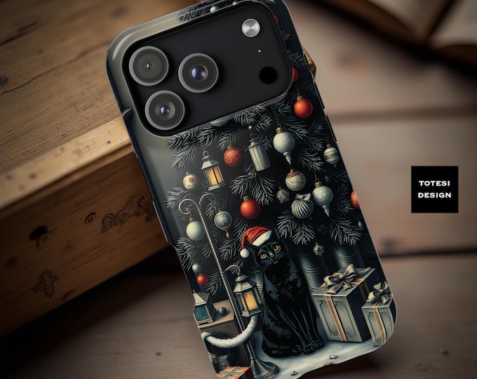 Gothic Christmas Tree Black Cat iPhone Case, Magnetic Tough Cases, Xmas Holiday Gifts, Dark Academia, MagSafe