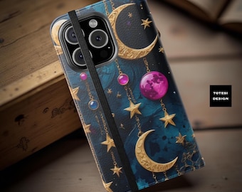 Celestial Moon Stars Faux Leather Wallet Phone Case