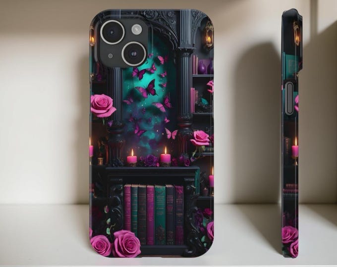 Slim bookshelf iPhone case  Dark academia, Bookworm Vintage bookish goth whimsy, Book lover gift reader gifts