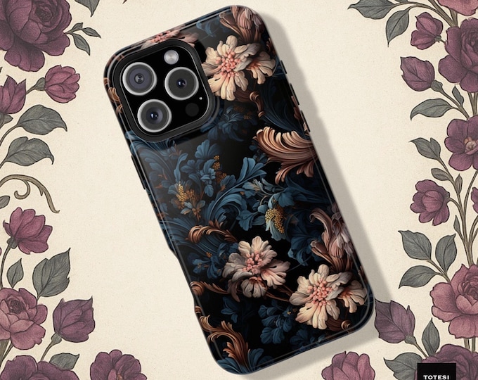 Gothic Floral iPhone Case: Black Academia Pink Flowers, MagSafe Compatible