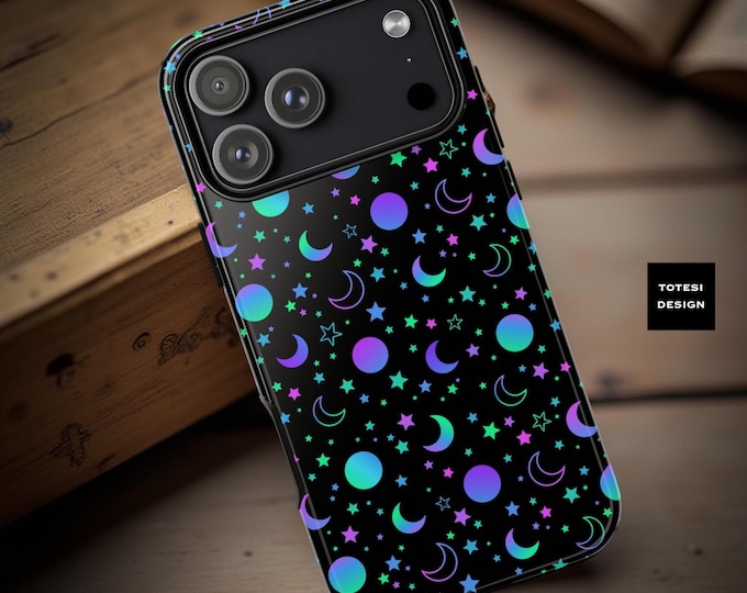 Neon Celestial Phone Case: Goth Witchy Stars, Moon