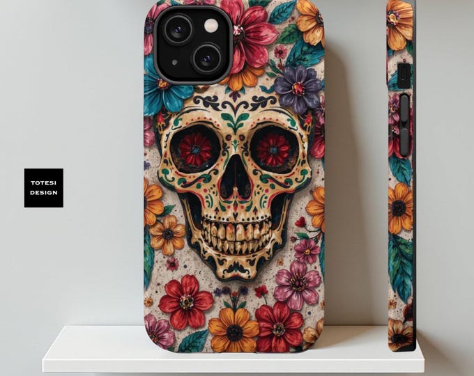 Whimsy Goth Floral Tough Phone Case, Colorful Flowers Skulls Art iPhone 16 15 14 13 Pro Max Plus, Matte Glossy, Magnetic charge