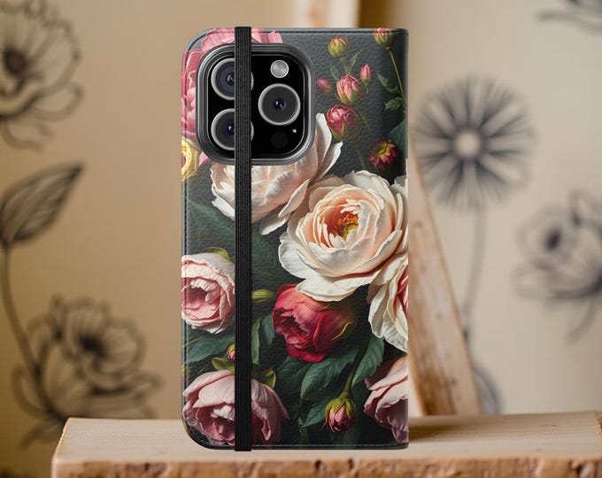 Vintage Pink Roses Flip Case | Floral Phone Wallet, Rose Bouquet Design