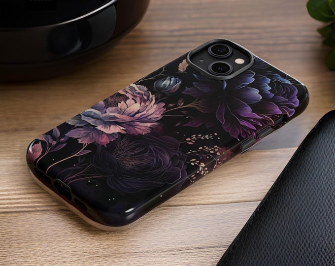 Gothic Winter Floral Tough Case for iPhone 16 15 14 13 12 11 Pro Max, Dual Layer Purple Phone Cover, Wireless Charging, Moody Goth