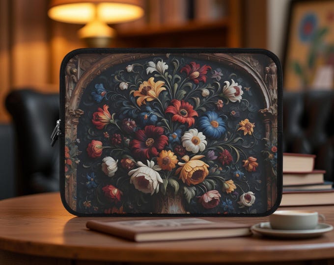 Dark floral academia Laptop Sleeve, Padded Mac iPad Kindle Cover, Magical Gift for Her, Daughter, Niece, Protective Tech Case,