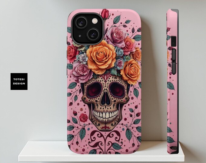 Pink Skulls Roses Art iPhone MagSafe Tough Case, Spring Phone Cover, Whimsy Goth Gift, Glossy Matte 13 14 15 16, Birthday Daughter, Unique