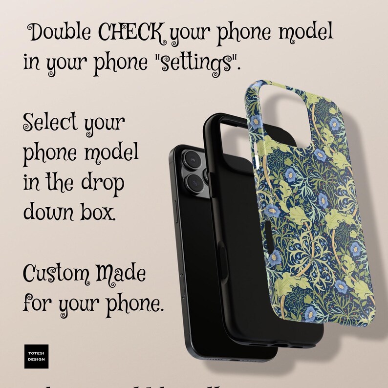 Pu&ograve; includere: Una custodia per telefono nera con un motivo floreale. La custodia &egrave; realizzata per un telefono con un rigonfiamento della fotocamera. Il testo sull'immagine dice "Double CHECK your phone model in your phone "settings". Select your phone model in the drop down box. Custom Made for your phone."