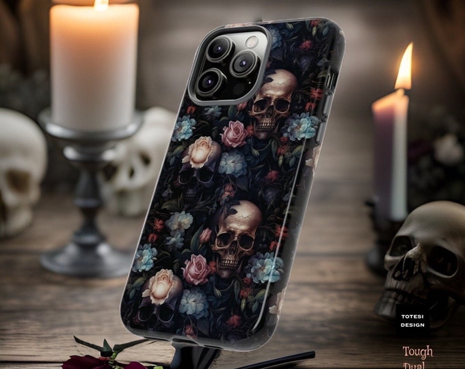 Dark Floral Gothic Skulls Roses Aesthetic| iPhone Tough Case 15 14 13 12 11 Pro Max, Plus, Pro,  Mini | Witchy | Glossy Matte