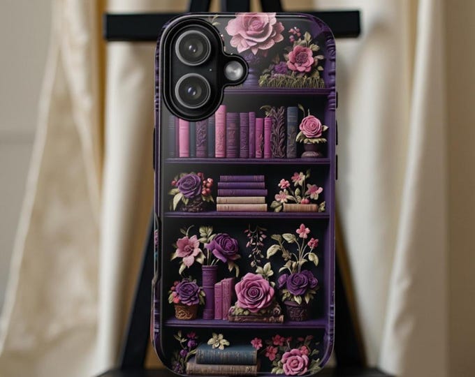 Goth Floral Bookshelf Phone Case, Dark Academia Bookish Design