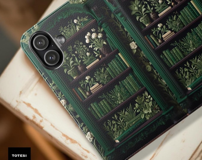 Green Floral Bookcase Phone Case: Dark Academia Bookish Wallet