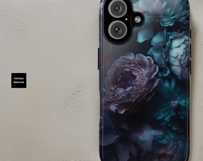 Dark floral blue black aesthetic Tough Phone Case Samsung S24 S23 S22 Google iPhone 16 -11 |Glossy or Matte