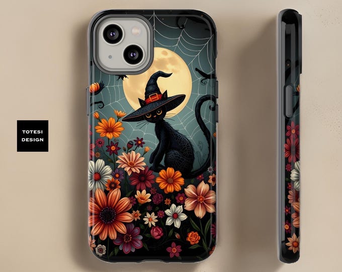 iPhone Case Halloween whimsical Cute Black Cat witchy magic goth  16 15 14 13 12 11 Pro Max Plus Mini Matte Glossy Gift for daughter
