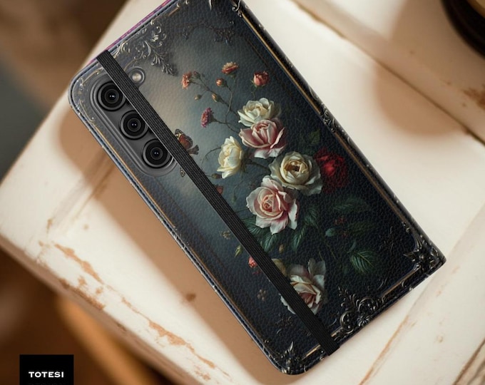 Goth Dark Floral Phone Cover Faux Leather Cardholder Stand