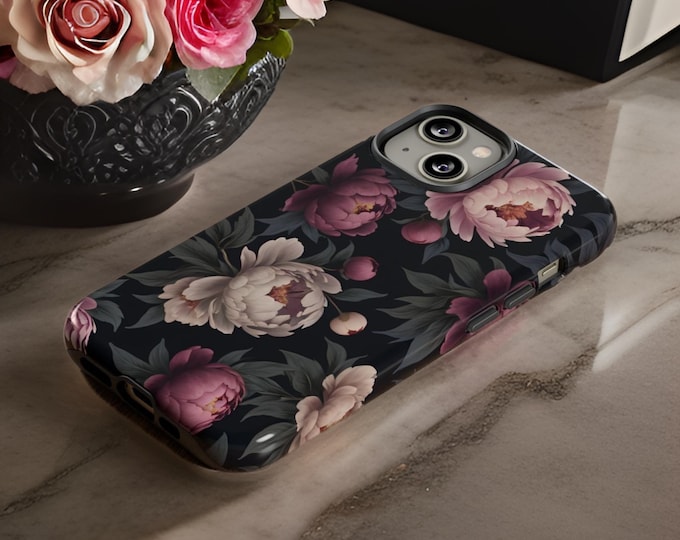 Phone Case Chic Dark floral Pink Peony Flower Samsung Galaxy Case S24 S23 S22 S21 iPhone 16 15 14 13 12 11 Pro Max Plus Matte or Glossy